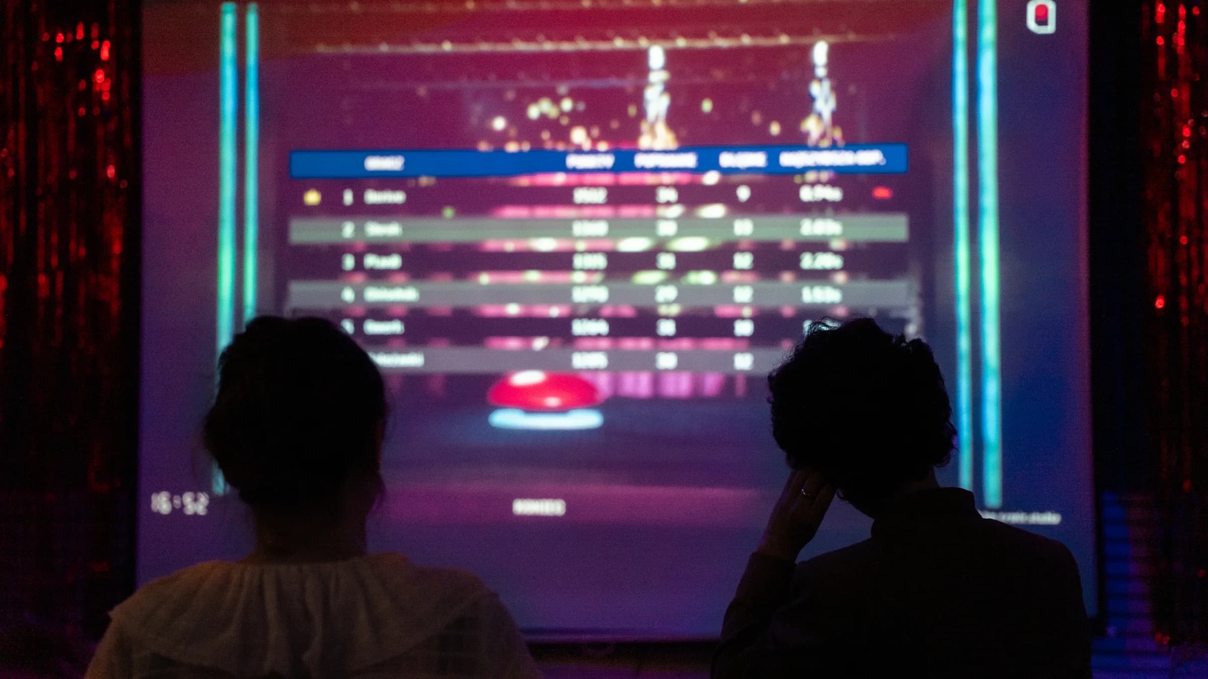 Uczestnicy teleturnieju Rewanż obserwują tabelę wyników