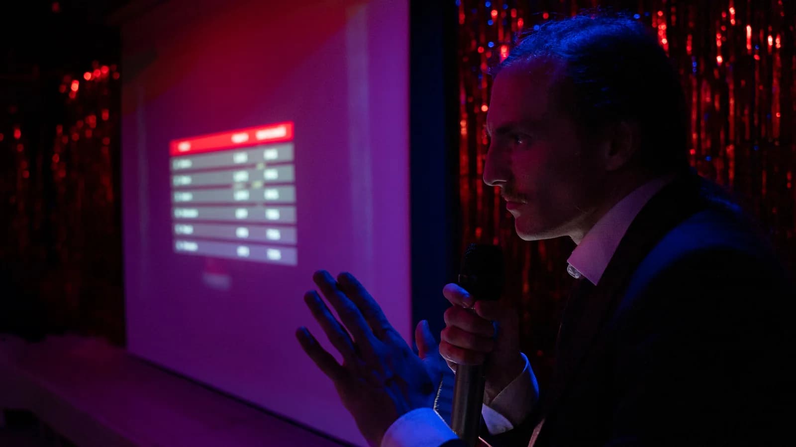Prowadzący event firmowy Rewanż rozmawia z uczestnikami teleturnieju